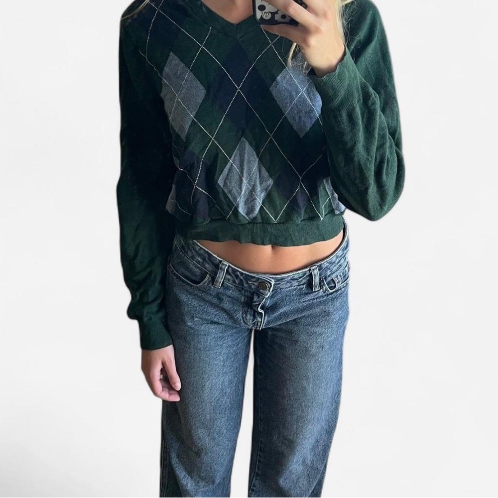 Croft & Barrow Dark Green Argyle V-Neck Sweater